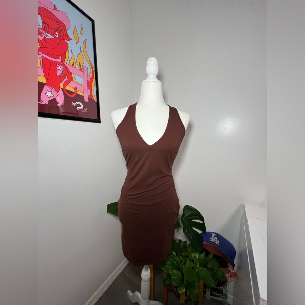 Brown Halter Neck Bodycon Mini Dress